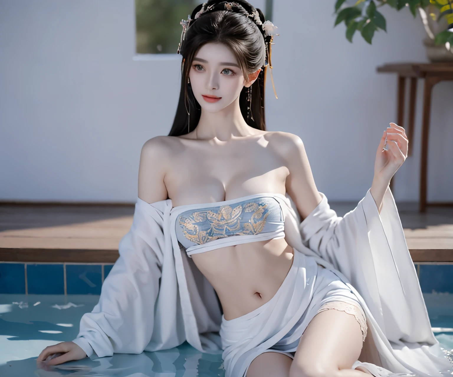 Best image quality，extremely high resolution，Very detailed，stunning girl，sitting in the pool，long eyelashes，big eyes，shining eyes，lying silkworm，plump lips，small nose，a happy expression，Sweet，Exquisite makeup，full-body shot，snow white skin，slim figure，take off shoulders，clavicle，abdomenband，abdomen，abdomen button，Slender white legs，White and tender skin，White embroidered mini skirt，necklace，Showing thighs，lace，Sweet，Long hair flying，best quality，masterpiece，full-body shot，facial focus，slim figure，细腰白色abdomenband，imagine，full-body shot
Model: hanfu, CFG size: 7, Hire high-end people: 1.5, lola: future fashion(0.4)、neon(0.4)、martial arts(0.8)、Asian Face Girls-2(0.4)、poetic fairy tale(0.01)