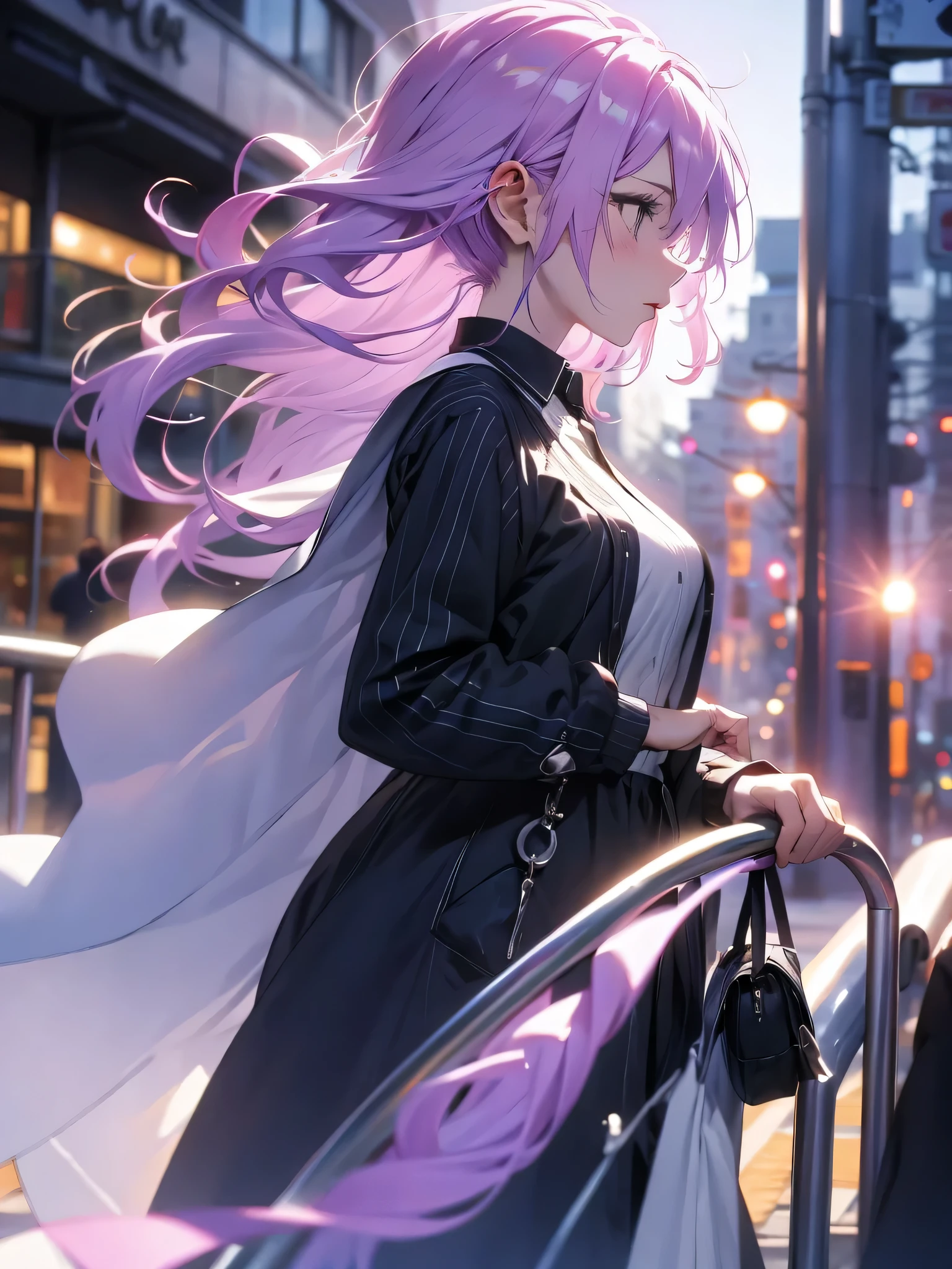 purple hair，profile，Female person，headphoneike stand、Purple suit set、black shirt、cutter shirt、Blue pubic hair in the eye