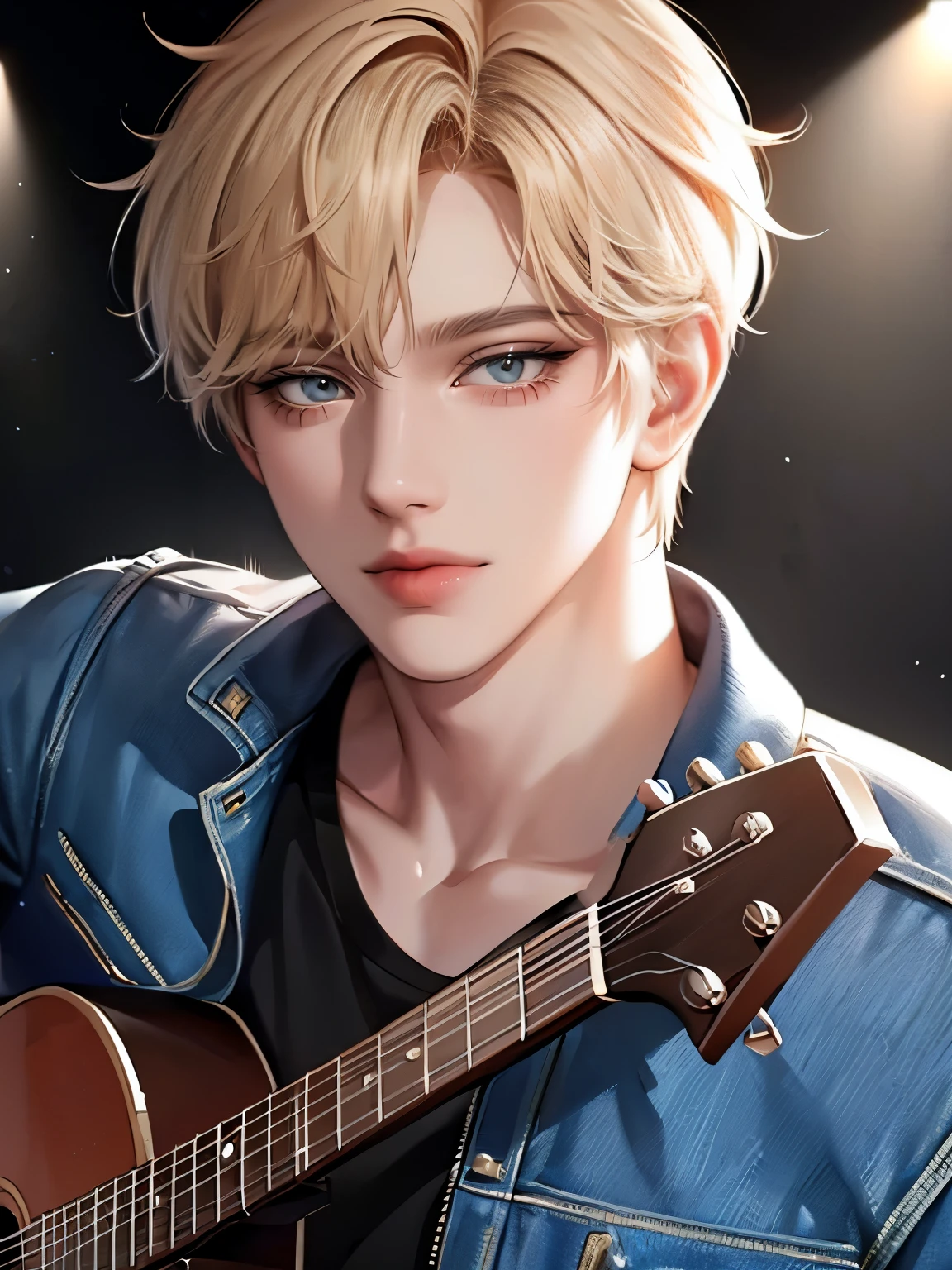 blond boy、glare、((masterpiece)),(((best quality))), (detail light) (Detailed shadows), (high quality),(expressive eyes, perfect face), 1 person, alone, male, High, (Mature),  (The bangs on the third side:7 scale), blue eyes, no smile, Disco lights, look at the audience,The boy with short blond hair looks at the camera coldly，Singing on the stage with an electric guitar，rock，Wear a denim jacket，full-body shot，Colorful stage lights，Vision