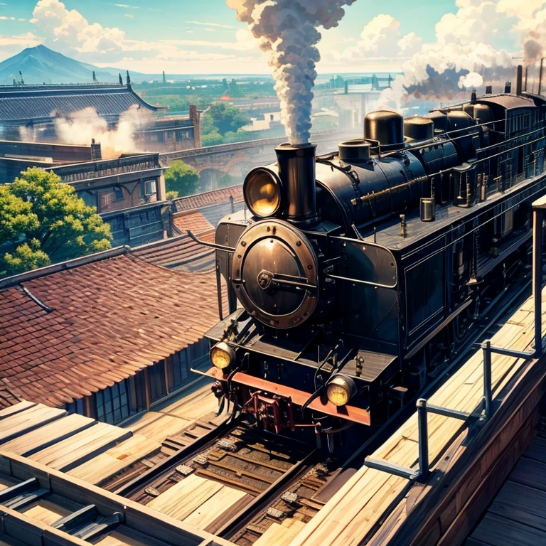 steam locomotive、On the roof、Beauty、The setting is the roof of a locomotive、立つBeauty、steampunk、Running