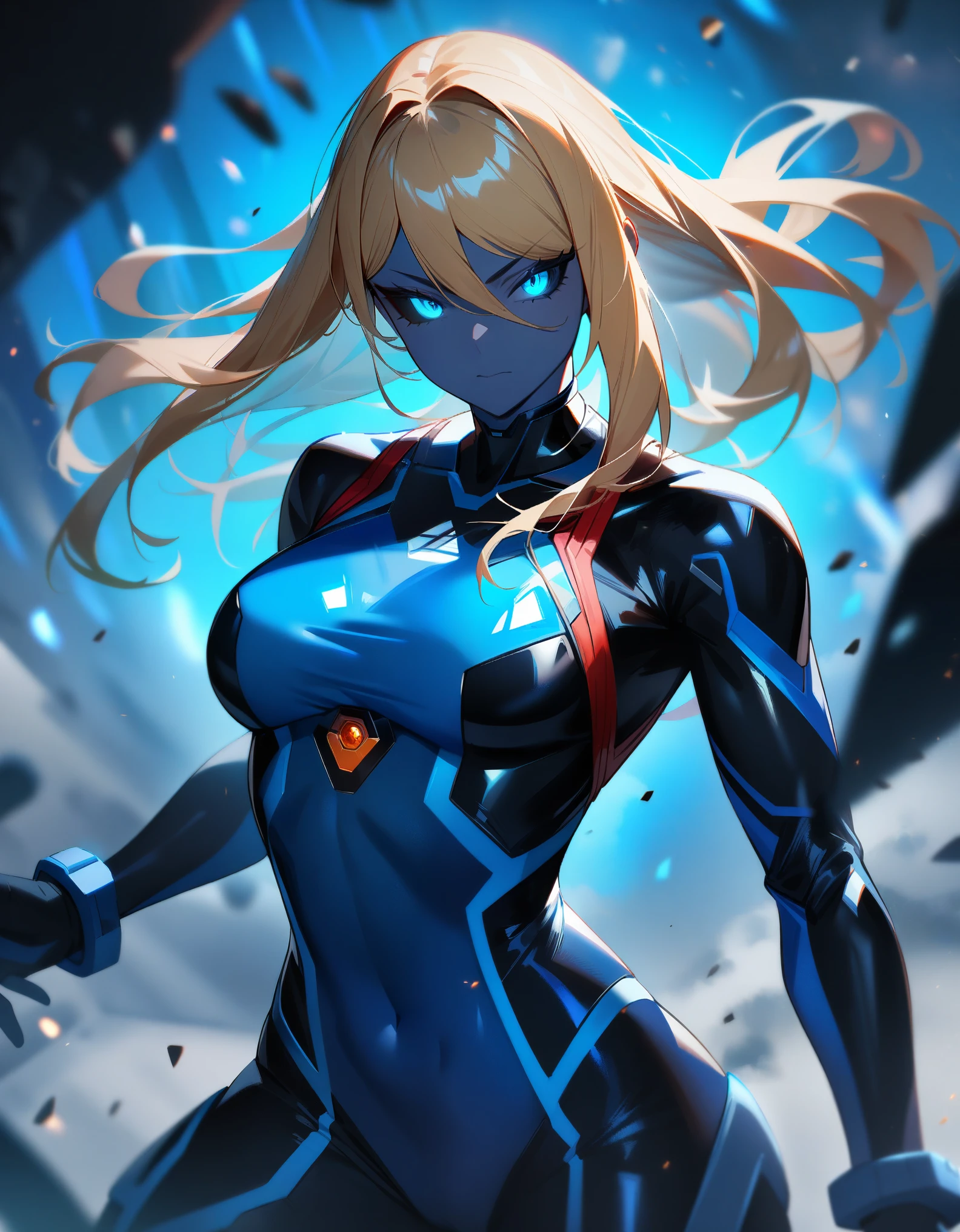 1girl,Samus aran,solo,dark blue skin,glowing blue eyes,black sclera,cyan hair,dark zero suit,dark blue body suit,black stripes,standing,cyan rockfield,Science fiction,ultra-detailed,sharp focus,aesthetic,(best quality)