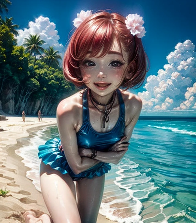 girl、solo、、swimsuit one piece、seductive pose、enchanting smile、beach
