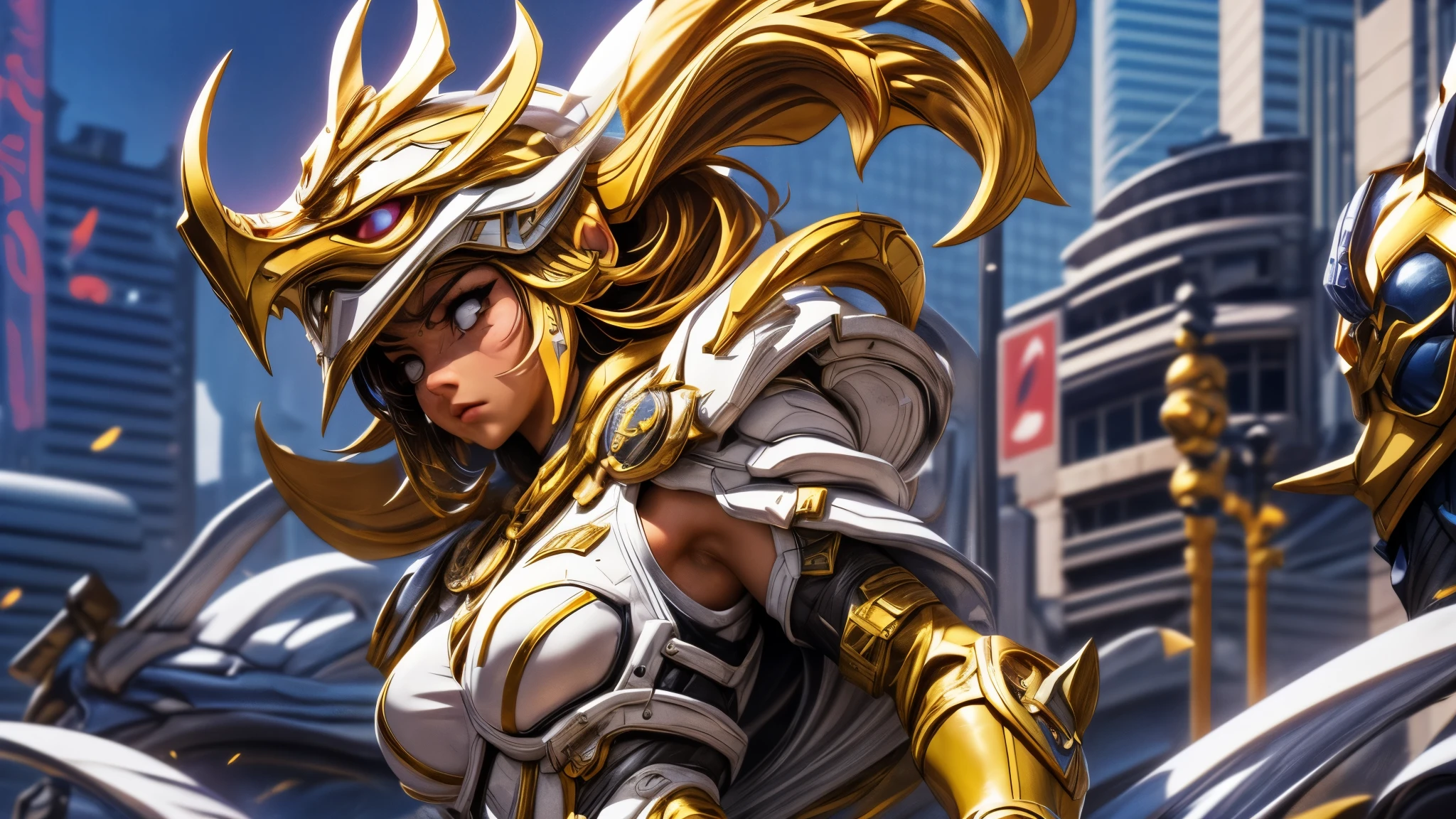 (best quality,4k,8k,highres,masterpiece:1.2),ultra-detailed, a close up of Female Sentai Ranger in a white suit with gold gloves and gold boots, detailed white armor, intricate white armor, streamlined white, Helmet shaped like a tyrannosaurus head. face hidden by visor, fully covered by armor and helmet, Asymmetrical armor, yellow claw symbol on left side of body, City background, fighting in a city park. in a city, surrounded by city, HDR, 8k, absurdres, cinestill 800, sharp focus, add_detail:3 (solo woman)
