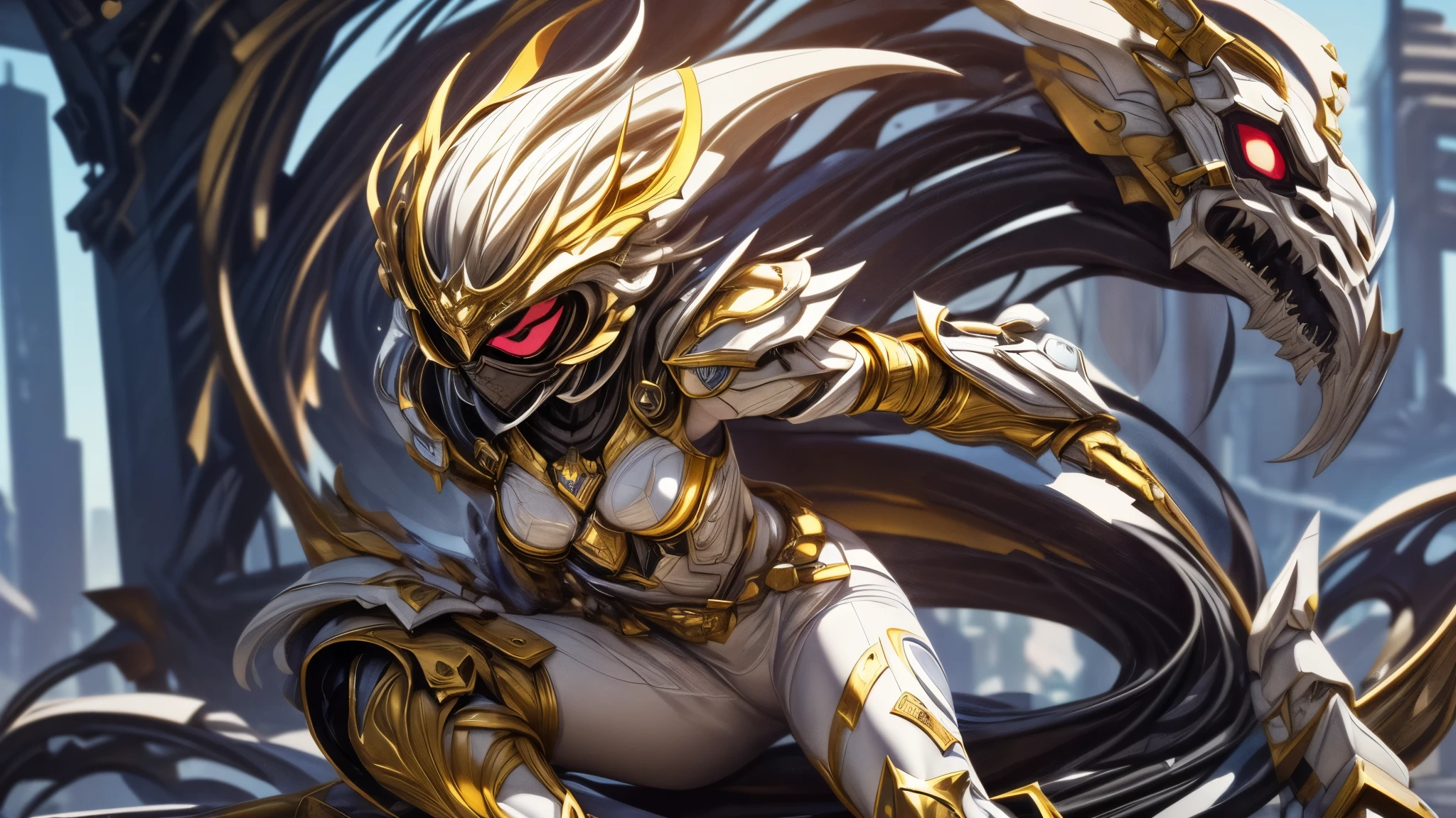 (best quality,4k,8k,highres,masterpiece:1.2),ultra-detailed, a close up of Female Sentai Ranger in a white suit with gold gloves and gold boots, detailed white armor, intricate white armor, streamlined white, Helmet shaped like a tyrannosaurus head. face hidden by visor, fully covered by armor and helmet, Asymmetrical armor, yellow claw symbol on left side of body, City background, fighting in a city park. in a city, surrounded by city, HDR, 8k, absurdres, cinestill 800, sharp focus, add_detail:3 (solo woman)
