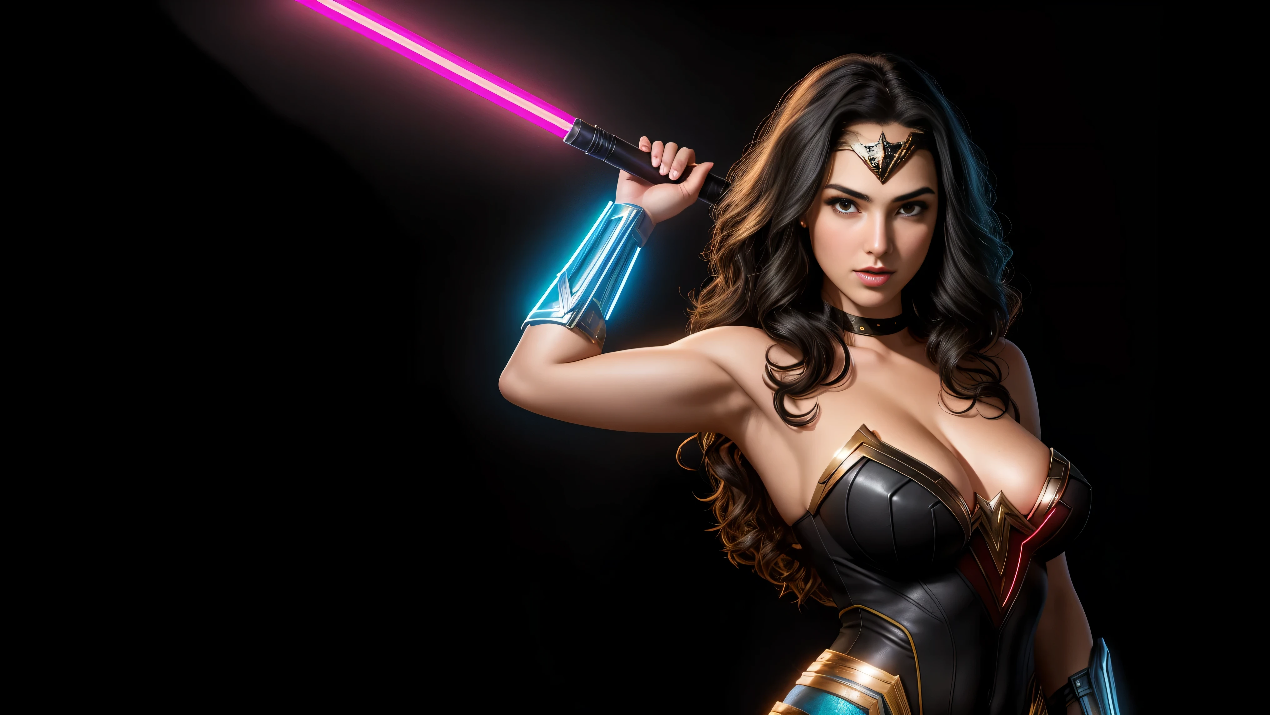there IS GAL GADOT AS WONDER WOMAN standing, long hair, 3 d neon art of a womans body, neon-noir background, cyberpunk femme fatale, seductive cyberpunk dark fantasy, cyberpunk strip clubs, cyberpunk 20 y. o model girl, oppai cyberpunk, banner, high definition cgsociety, cgsociety masterpiece, trending on cgstation, kda, random hair, looking at camera, gigantic breasts, cleavage, (high detailed skin:1.2), 8k uhd, dslr, super lighting, high quality, film grain, high res, highly detailed, hyper realistic, beautiful face, beautiful body, beautiful eyes nose lips, alluring expression, very bold, upper visible, full body photo, standing legs apart, pale translucent glowing skin, most beautiful face, cute, (well defined pubic hair:1.2)), (dark plain black background:1.4))