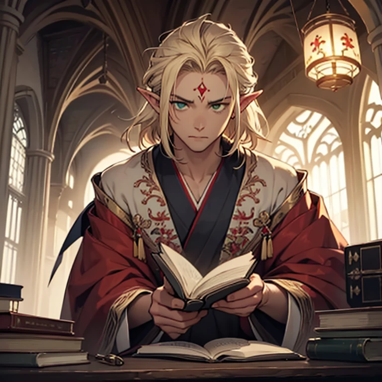 (((mature male))),((adult man)),(short pointed ears),blond hair,green eyes,(shoulder length hair),mage,fantasy setting,studies,surrounded by books,magic,flowing robes,mystical symbols,ancient texts,scrolls,(sat at desk),,ethereal glow,enchanting aura,magical orbs levitating in the air,mythical creatures,dragon figurines,spellbinding masterpiece,(((no bangs))),((forehead)),((upper body)),short Hair, soft painterly style, (white and red and blue robes), ((character focus)), Serious expression,Illustration,magic,(tired eyes)