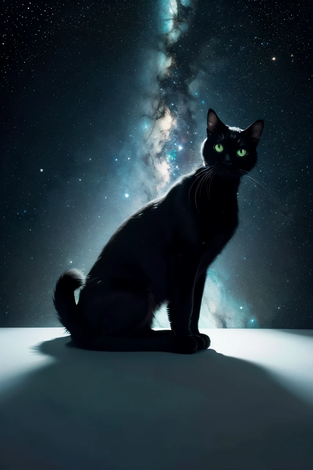 Envision a scene where a breathtaking black cat with eyes like emeralds stands against a pristine white background adorned with scattered black spots, reminiscent of a starry night sky. Delve into the enchanting contrast between the cat's sleek silhouette and the cosmic splendor of the speckled backdrop, inviting viewers into a world where beauty and mystery intertwine.