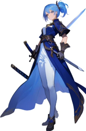 (top quality, masterpiece) gray hair, Chinese style costume, Genshin, black eyes, sheep horn, sister, bangs tail, expressionless, apothecary, dark blue clothes, one-handed sword, background white
