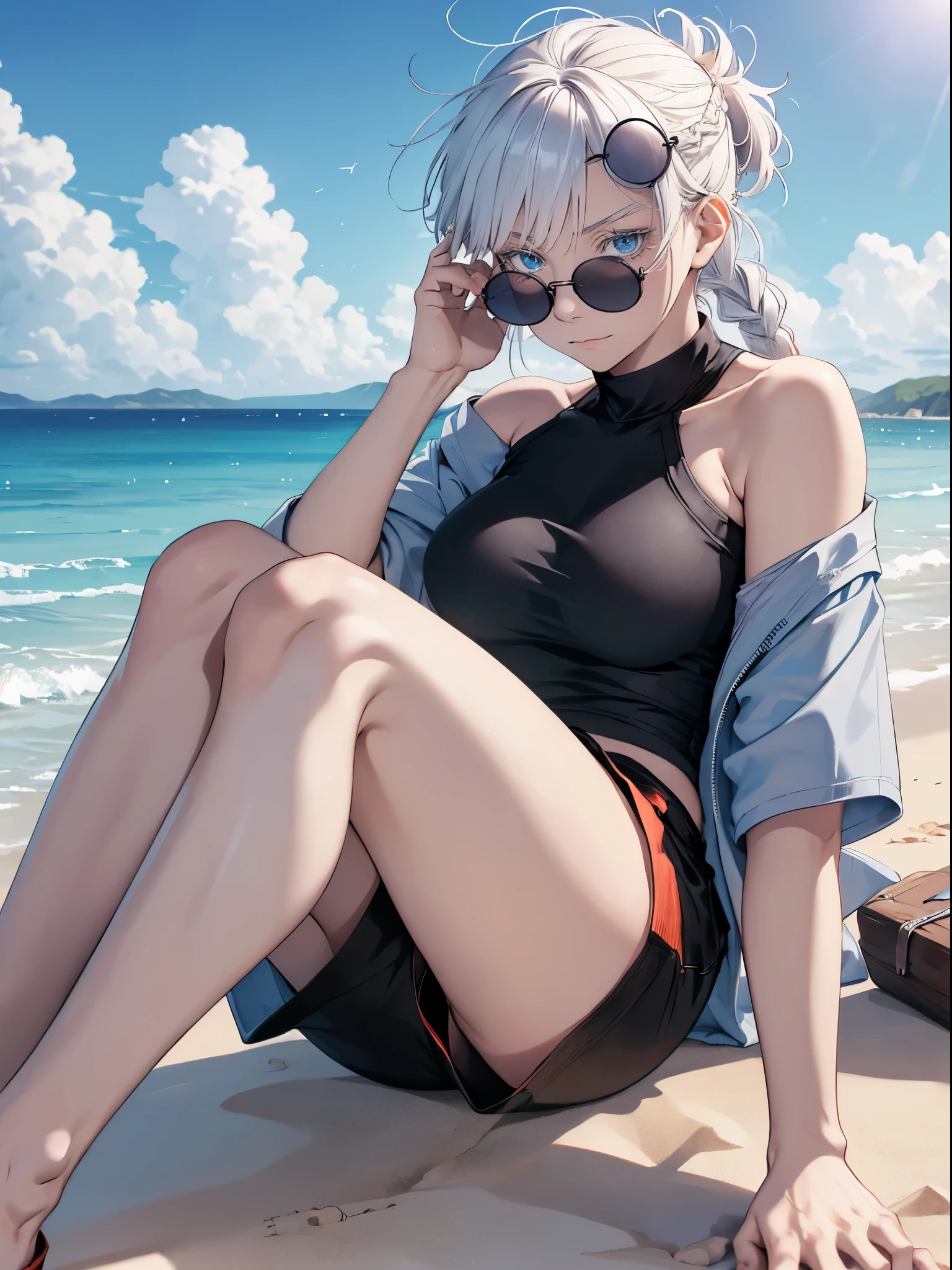 Woman, female version, female, jujutsu kaisen, solo, alone, happy, slightly smiling, white hair, bangs, long hair, ((single braid on the shoulder)) white eyebrows, white eyelashes, light blue eyes, wearing round sunglasses, sunglasses slightly down to the face, ((( she should be wearing short crop shirt and shorts))), big breast enjoying at the beach, sitting, sand, beach side, high quality, 4k resolution, anime, skinny body, front view 