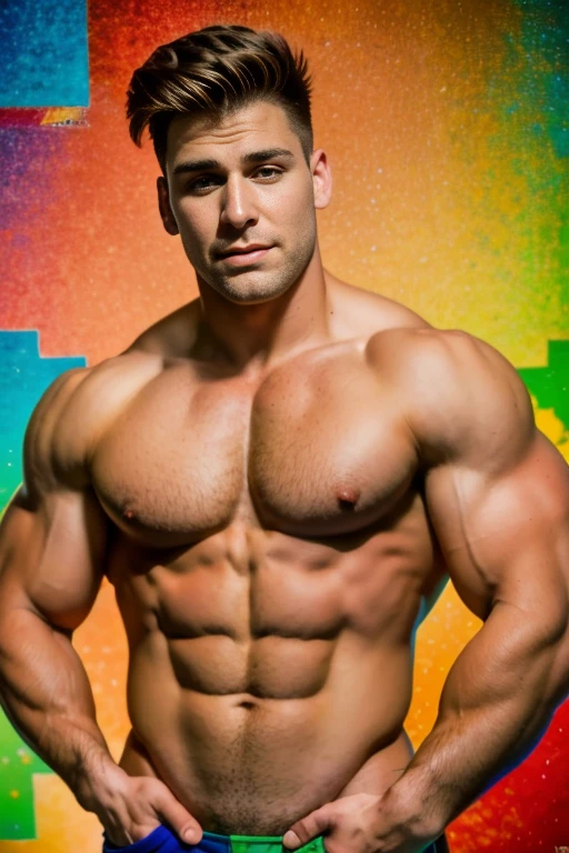 (A muscular man:vivid colors,shirtless:1.1,Kirbywood style,vintage color comics,showcasing:1.1,sharp focus,hi-res details,intricate features,creating,vivid colors,masterpiece:1.2,8k quality) cubism background, symmetrical poster