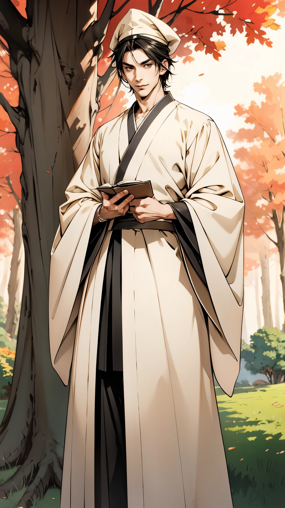 A young man wearing a scholar's square cap, clear and bright eyes, a dignified and refined face, a friendly smile, short hair is peeking out the cap, tall and slender figure, a fantasy-style scholar's long robe coat with a long hem, wide sleeves, loose trousers, bathed in sunlight amidst the gentle breeze of the woods, this character embodies a finely crafted fantasy martial arts-style scholar in anime style, exquisite and mature manga art style, high definition, best quality, highres, ultra-detailed, ultra-fine painting, extremely delicate, professional, perfect body proportions, golden ratio, anatomically correct, symmetrical face, extremely detailed eyes and face, high quality eyes, creativity, RAW photo, UHD, 32k, Natural light, cinematic lighting, masterpiece-anatomy-perfect, masterpiece:1.5