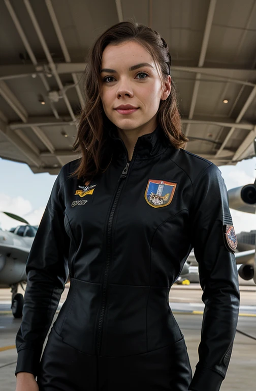 Daisy Ridley vestindo um traje totalmente de pilota aviadora do filme Top Gun. She&#39;s in heroic position, looking directly at the camera with an ironic, villainous smile . She&#39;s in front of a Tomcat warplane, on an aircraft carrier, com o rosto sujo e suado, cabelos molhados e presos em um rabo de cavalo, hiper realista, 4k
