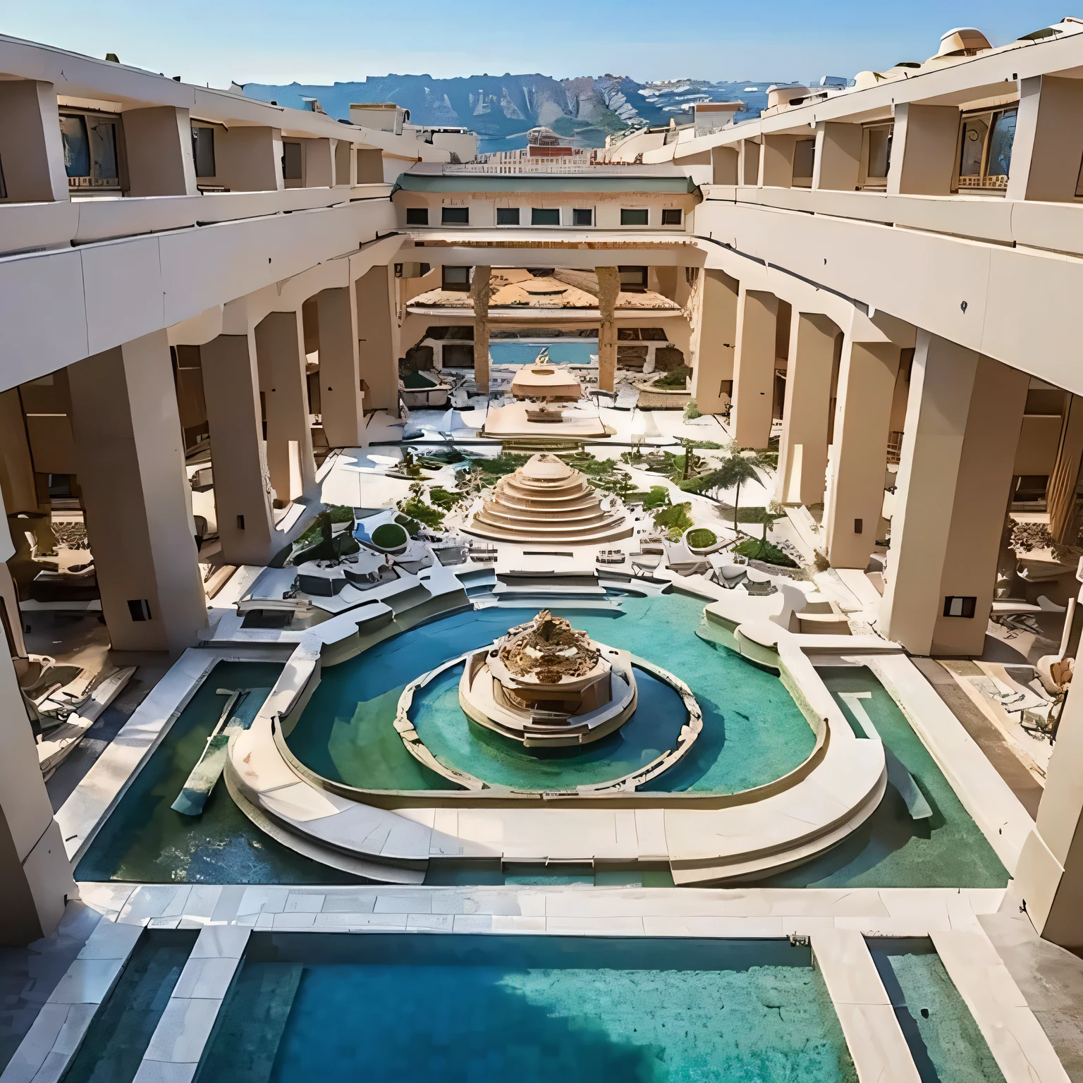 Photo of the facade of a huge hotel in Turkey, sunny day, Sun, sky, UHD, masterpiece, anatomically correct, super detail, high details, high quality, best quality, view from above