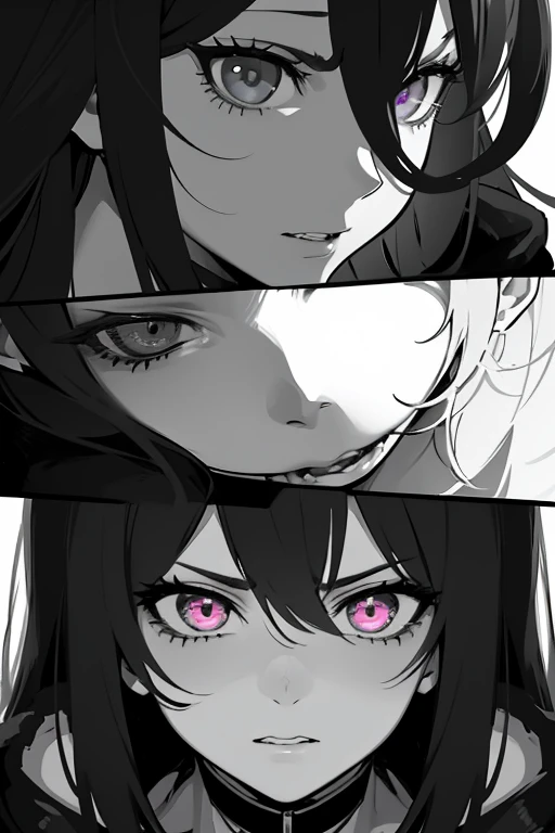 two girls , badly anger fighting, destruction, as manga comic anime, perfect anime, brutality, evil girl villain, expressions, 2-3 layers, B&W, highly detailed on eyes nose, hair  lips,, perfectly manga, highly detailed face draw in perspective