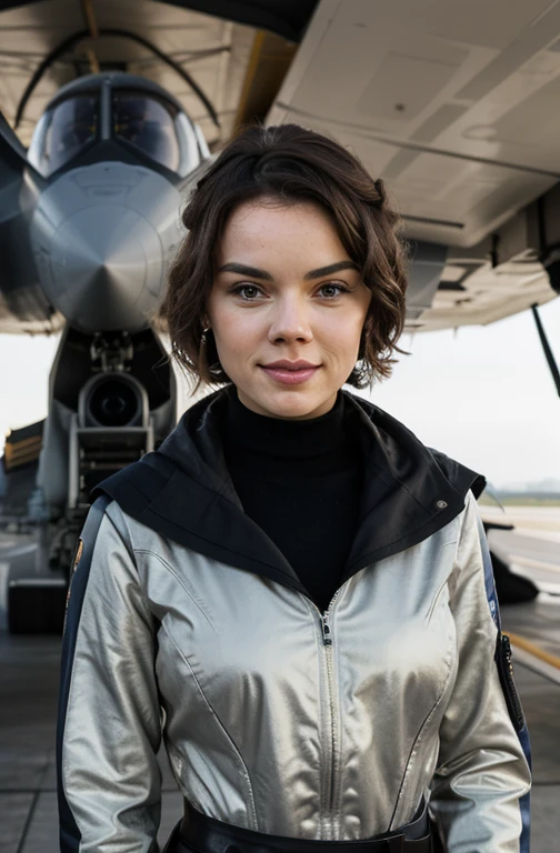 Daisy Ridley vestindo um traje totalmente de pilota aviadora do filme Top Gun. She's in heroic position, looking directly at the camera with an ironic, villainous smile . She's in front of a Tomcat warplane, on an aircraft carrier, com o rosto sujo e suado, cabelos molhados e presos em um rabo de cavalo, hiper realista, 4k