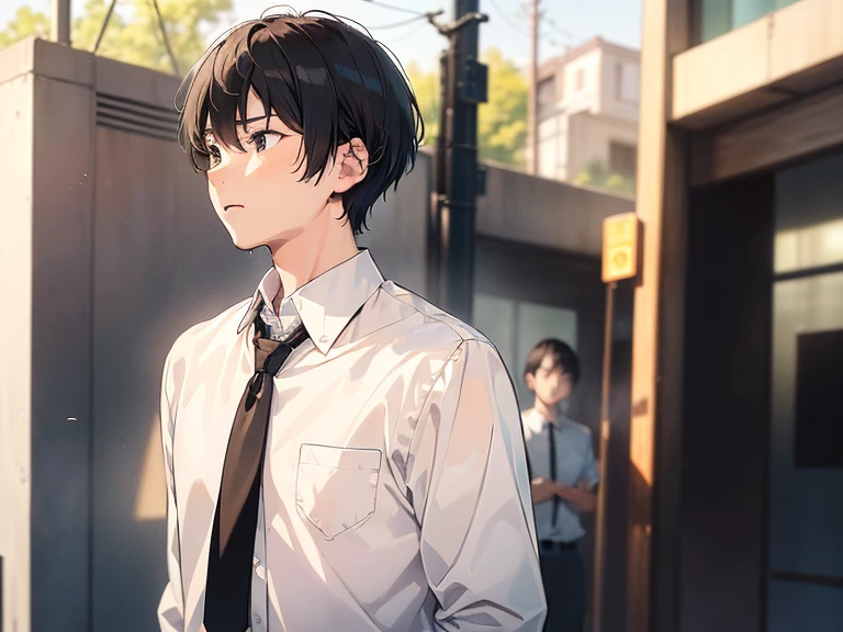 ((((boy, men, simple background)))),(((Long shot, taken from the front, 1 boy, white , short hair, black hair, black eyes, high school student, tall, serious face, tie))), ((On the way home from school)), ((Uniform)), (Masterpiece), (High resolution), (Top quality), (Super delicate), ((Line drawing manga style)), Wallpaper, Manga style illustration, Painting style, heartwarming synopsis, youth, (student), (unique atmosphere), unique world view, unique atmosphere, youth town, (masterpiece), (high resolution), (highest quality), (super delicate), line drawing manga style, comic style illustration, how to draw, warm outline color, (clear), (obvious)