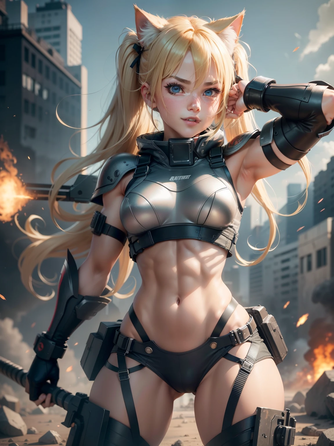 ((highest quality)), ((masterpiece)), (be familiar with), (High definition), 8K, Perfect Face、2Women、Two blonde women with cat ears、((Action Scenes, Gunfight))、(Shooting a gun, Holding a gun), (In an abandoned house)、tall、2 Blonde cat ears、2. Long Hair、2. Volumetric hair style、Large Breasts、Narrow waist、Big Ass、glamorous、Alluring、Bikini Protector、Armor、combat suit、Combat Boots、Cinematic、Best Shadow、Side lighting、NEO TOKYO、explosion、Cyborg Soldier、(Bust Shot)、((Close-up of face))、Scout Drone