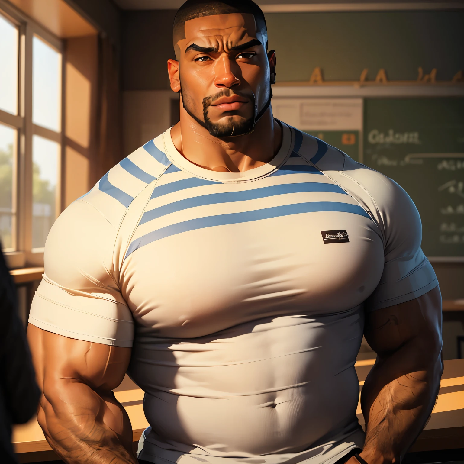 an exaggeratedly muscular and large bodyguard, beefy build, beard, dark-skinned african american male, buzzcut hair with square line, (worried expression: 1.2), (wearing striped raglan shirt: 1.2), barely buttoned, school logo on shirt, (bara pecs: 1.3), (arm and chest hair: 1.1), portrait HD, dutch angle, (study hall)