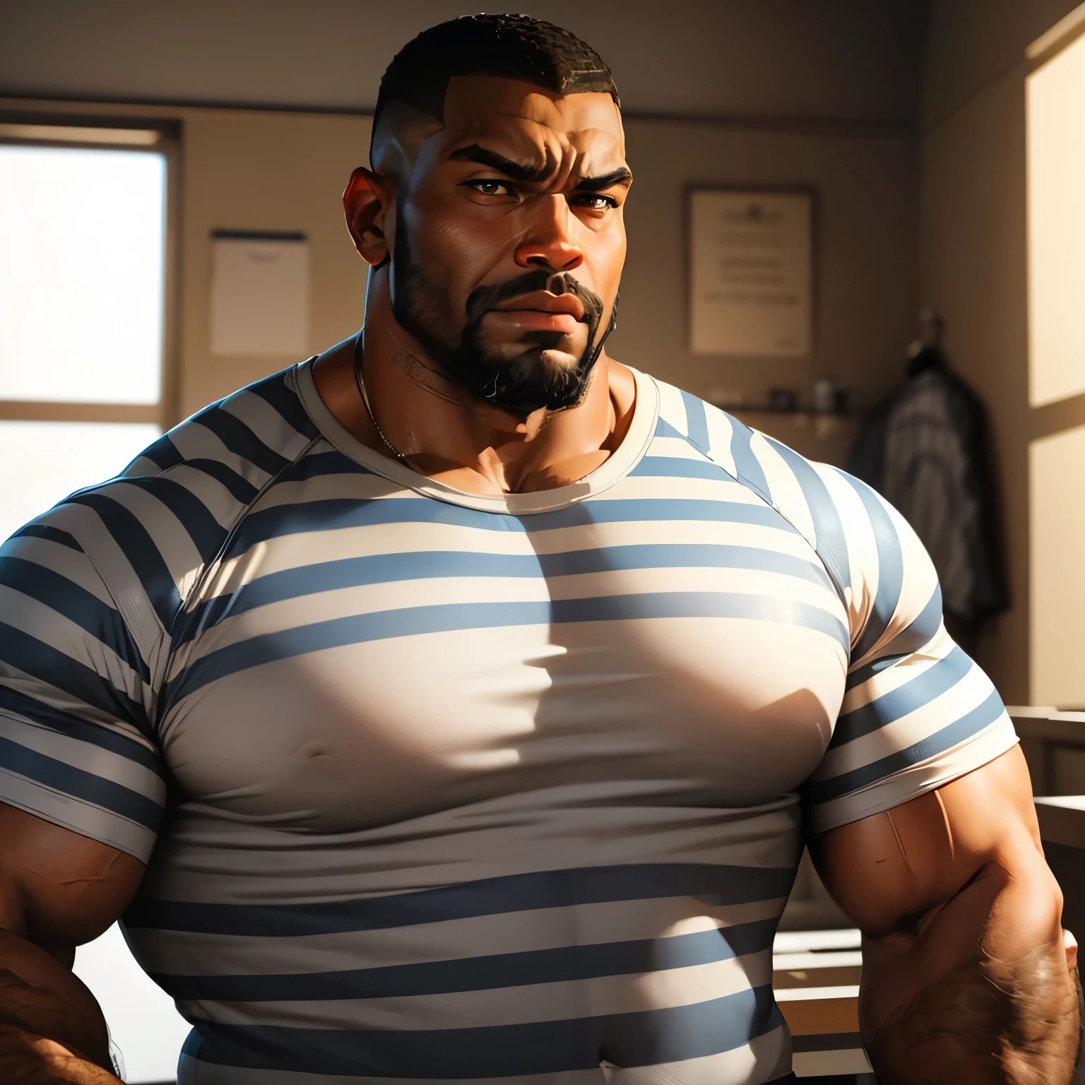 an exaggeratedly muscular and large bodyguard, beefy build, beard, dark-skinned african american male, buzzcut hair with square line, (worried expression: 1.2), (wearing striped raglan shirt: 1.2), barely buttoned, school logo on shirt, (bara pecs: 1.3), (arm and chest hair: 1.1), portrait HD, dutch angle, (prison cell)