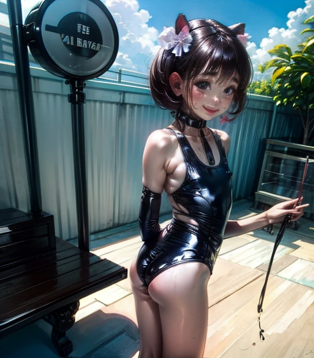 girl、solo、、swimsuit one piece、seductive pose、smile、beach、Frolic with the waves、Fascinating masturbation、bare ass、