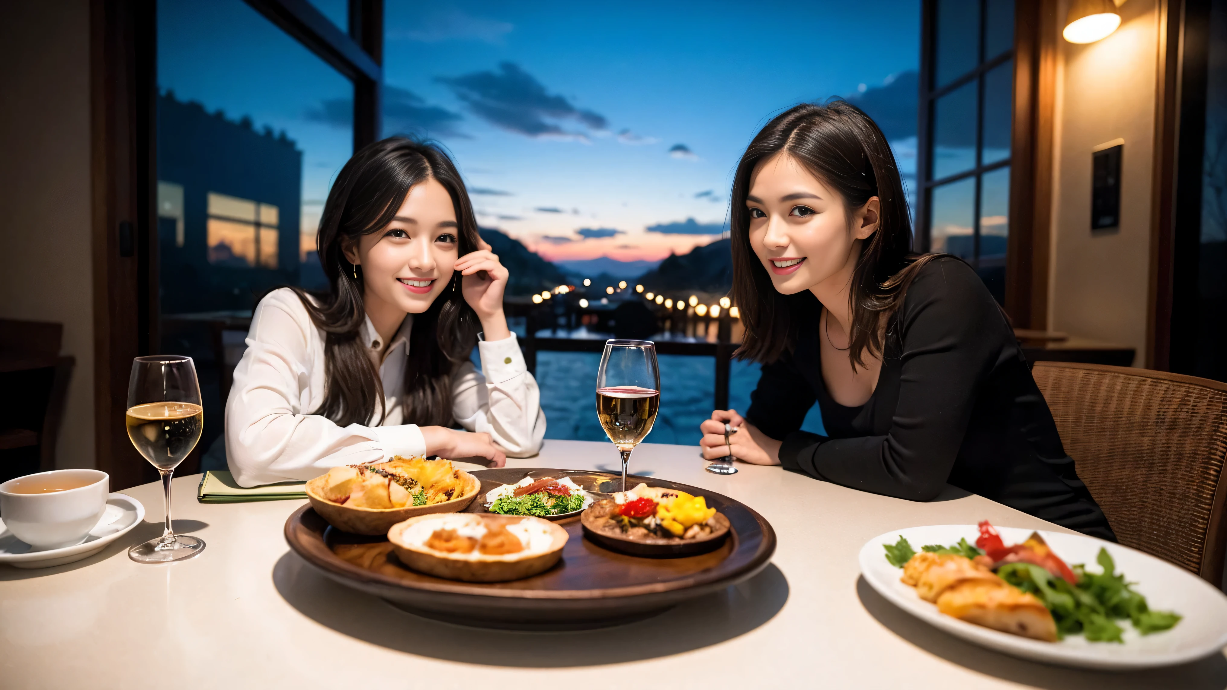 (to be born, highest quality, masterpiece:1.5), (realistic, intricate details:1.2), ultra high resolution, confused,bright image、2 wine Beauties, beautiful face, blue eyes, fine eyes, symmetrical eyes, light shines on your face, blush your nose, short hair,Spectacular view of the sunset sky and clouds、Amazing mountain views、A bright smile、A lovely woman with a smile、that woman&#39;bright face、Fox face、lady、wine 、Appetizer、Italian food、two beauties、brown hair、shortcut、long sleeve shirt、winter fashion、dress、Japanese、Englishman、Dutch、German、Belgian、Italian、French,Wine Bottle、Appetizer、Champagne、Sparkling wine、Pretty Woman 1, (slim face), (because I&#39;thin), (brown hair), (shortcut), cheeks turn a little red, (44 years old), 42 years old, charming beauty、, A beautiful and detailed night view spreads out outside the window..........., restaurant, Wine Glassに座って, At night, in a prominent place (from the waist up) nova frog style, actress, model, Upper body, White wine, slim, Wine Glass, Very beautiful night view, 真ん中に置かれたWine Glass, smile, (smile: 1.15), beautiful fine eyes, Depth f/2,saturation, high contrast, strong light and shadow