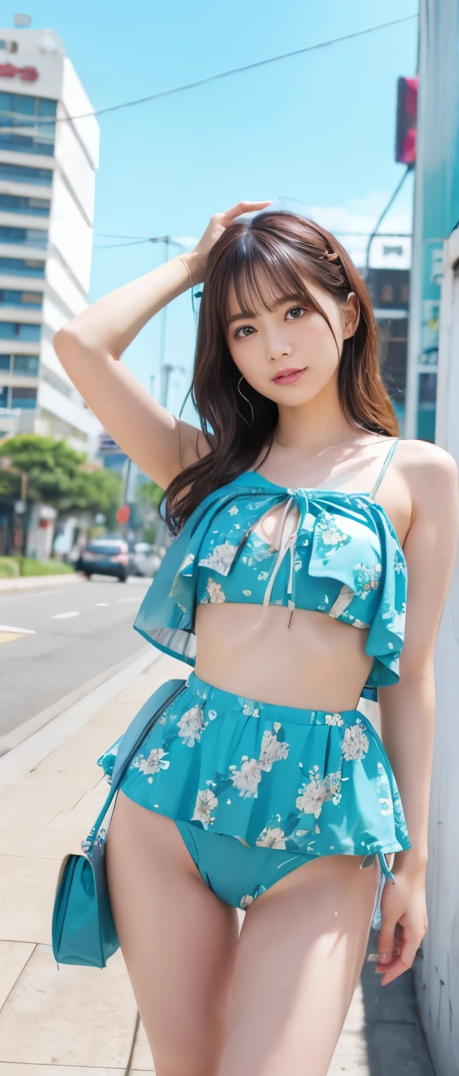 Sexy Idol Girl、whole body、good style、、、、Turquoise floral swimsuit、、、、、、cyber city、