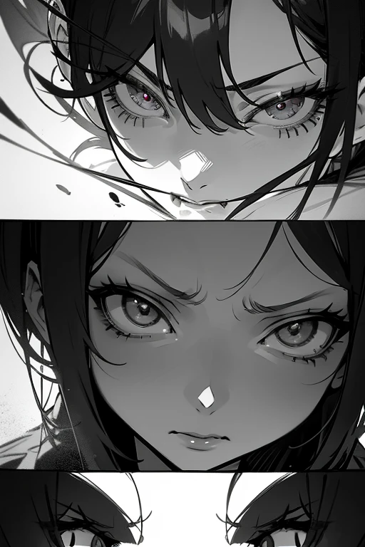 two girls , badly anger fighting, destruction, as manga comic anime, perfect anime, brutality, evil girl villain, expressions, 2-3 layers, B&W, highly detailed on eyes nose, hair lips,, perfectly manga, highly detailed face draw in perspective