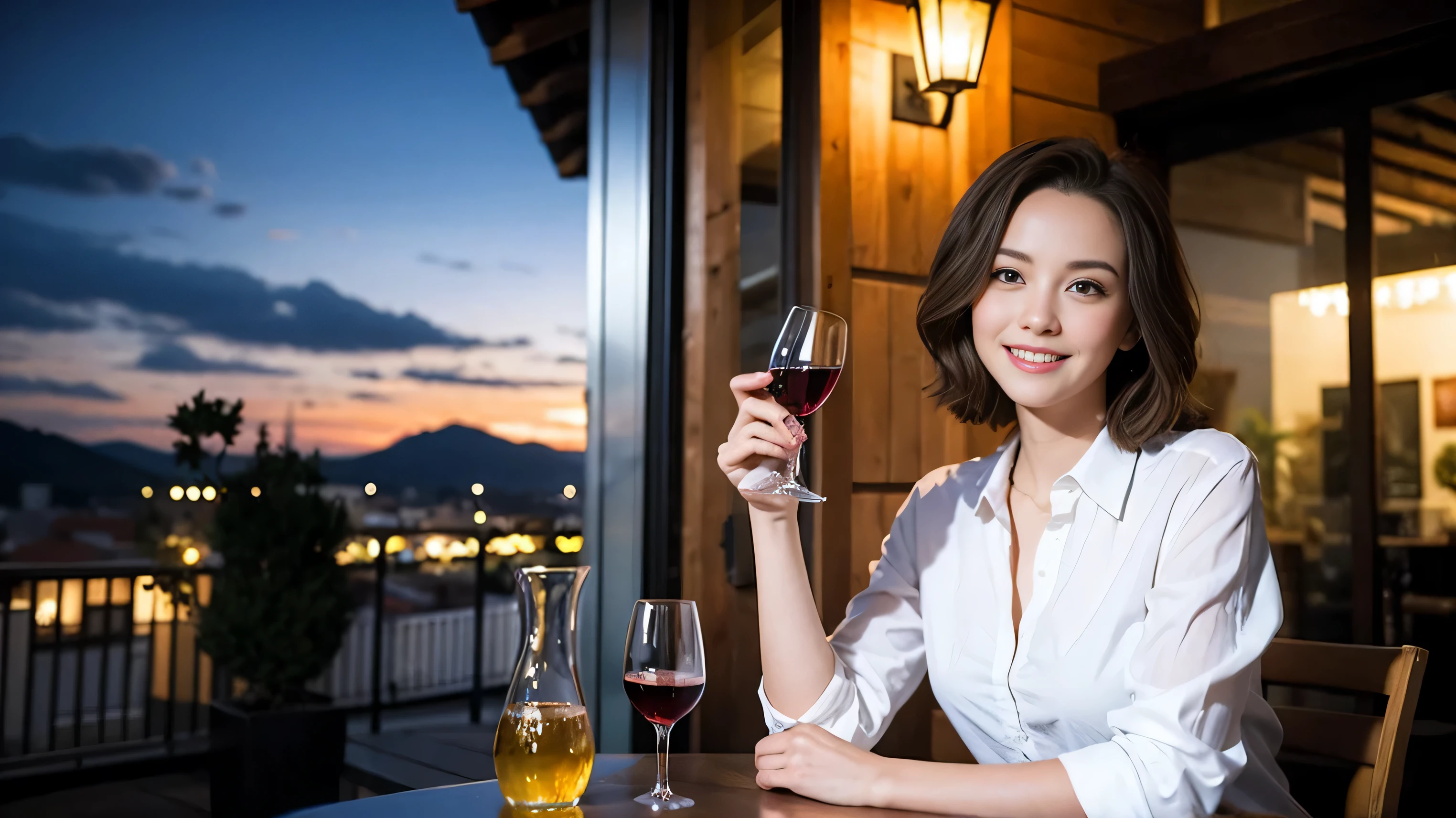 ((highest quality、8K、masterpiece:1.3))、sharp focus:1.2、beautiful woman perfect body:1.4、Slim body、((Bob Hale、straight hair:1.2))、(to be born, highest quality, masterpiece:1.5), (realistic, intricate details:1.2), ultra high resolution, confused,bright image、2 Wine Beauties, beautiful face, blue eyes, fine eyes, symmetrical eyes, light shines on your face, blush your nose, short hair,Spectacular view of the sunset sky and clouds、Amazing mountain views、A bright smile、A lovely woman with a smile、The woman&#39;s face is bright、fox face、lady、Wine Party、hors d'oeuvre、Italian food、2 beauties、brown hair、shortcut、long sleeve shirt、winter fashion、dress、Japanese、Englishman、Dutch、German、Belgian、Italian、French,Wine bottle、hors d'oeuvre、Champagne、sparkling wine、Pretty Woman 1, (slim face), (Because I&#39;m slender), (brown hair), (shortcut), cheeks turn a little red, (44 years old), 42 years old, attractive beauty、, A beautiful and detailed night view spreads out outside the window.........., restaurant, sitting in a wine glass, At night, in a prominent place (from the waist up) nova frog style, actress, model, Upper body, White wine, slim, wine glass, very beautiful night view, wine glass placed in the middle, Smile, (smile: 1.15), beautiful fine eyes, Depth f/2,saturation, high contrast, strong light and shadow,moist body:1.5、3D texture、delicate eyes、brown hair、The hair is very shiny、