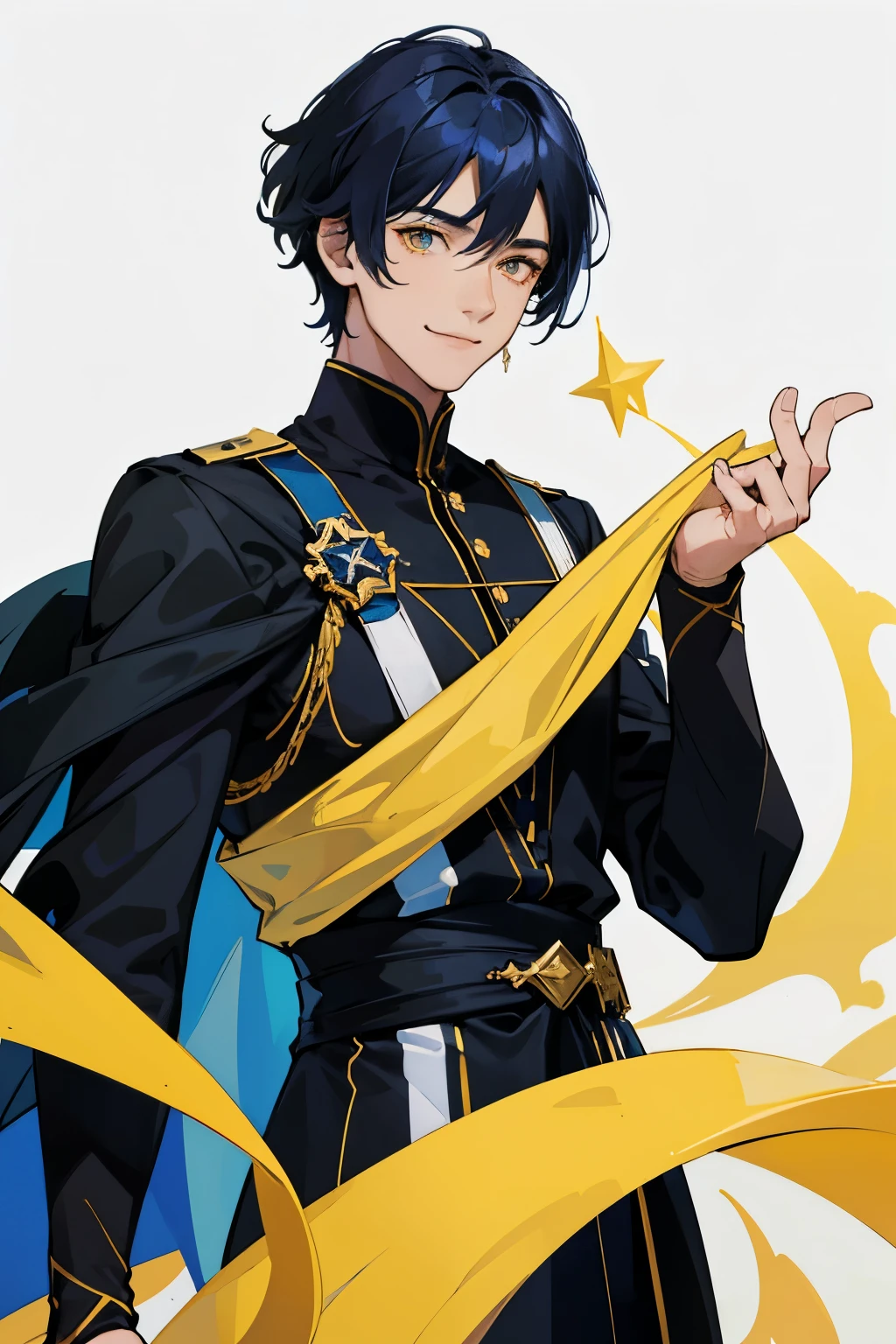 1 male, a men who is twenty-five year old, Dark-blue haired male character, Dark-blue medium-length hair, half body, high precision, fine, male character, HD face, fine eyes, yellow eyes like the star, modern clothing, black shirt, white tunic, single, black long-sleeved coat, dark circles, three-seven bangs, wizard, star, He is smiling, sharp, Innocent, cute smilling, adult, white background