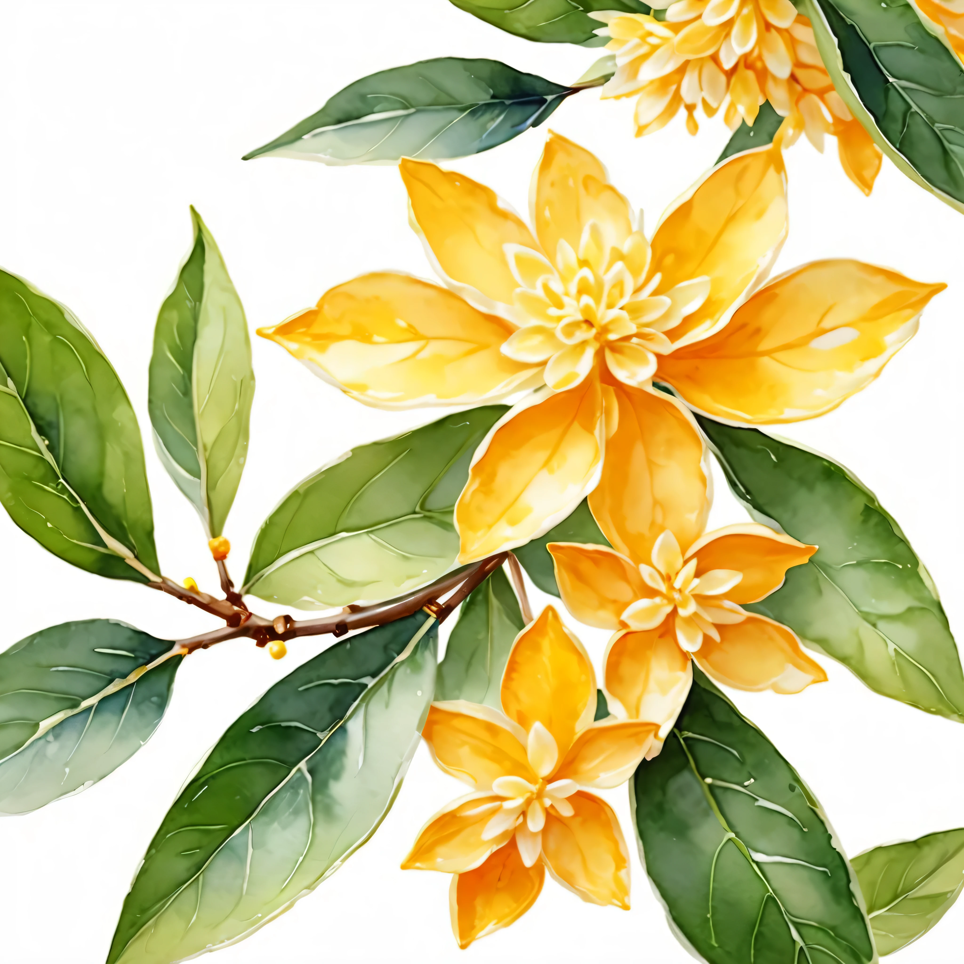A sweet-scented osmanthus petal,Osmanthus petals close-up,Two leaves,fine,watercolor,Fresh and clean