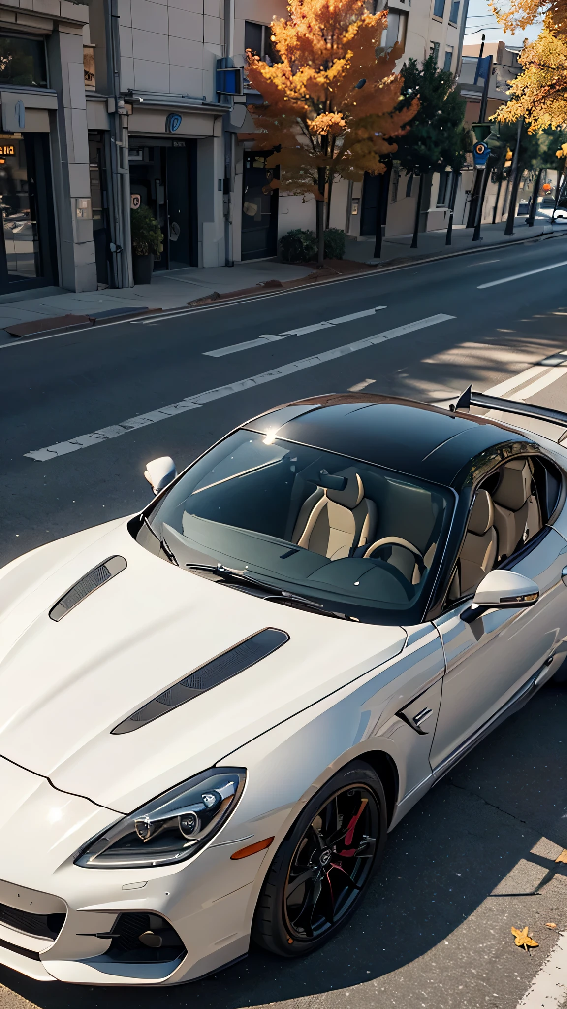 SKYLINER32, sports car parked on a street covered with leaves in autumn in a (city:1.3), fall, global illumination, volumetric lighting, best quality, highly detailed, cgi, illustration, octane render,