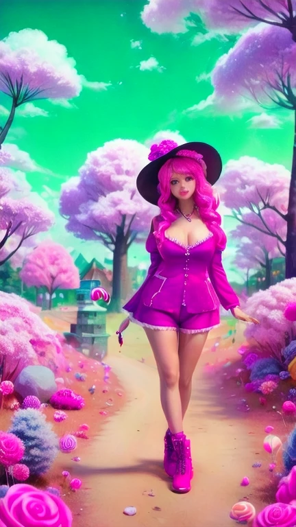 C4ndyl4ndAI, Candyland, candy trees, candy flowers, daylight, candy clouds, candy dogs, mature woman in candy micro shorts costumes, full body shot, shorts, gigantic breasts, giga_busty