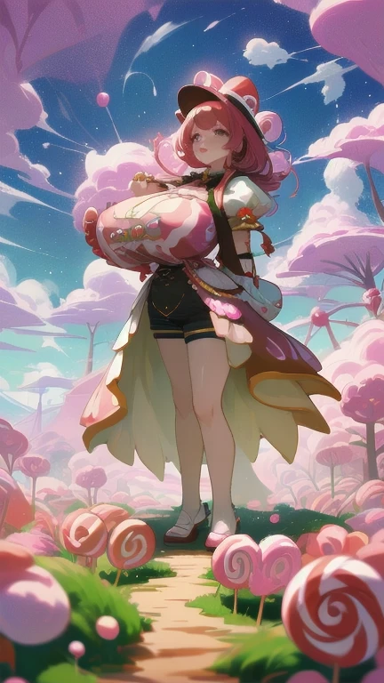 C4ndyl4ndAI, Candyland, candy trees, candy flowers, daylight, candy clouds, candy dogs, mature woman in candy micro shorts costumes, full body shot, shorts, gigantic breasts, giga_busty