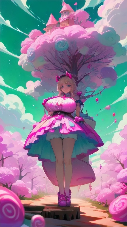 C4ndyl4ndAI, Candyland, candy trees, candy flowers, daylight, candy clouds, candy dogs, mature woman in candy micro shorts costumes, full body shot, shorts, gigantic breasts, giga_busty