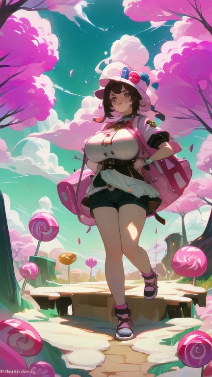 C4ndyl4ndAI, Candyland, candy trees, candy flowers, daylight, candy clouds, candy dogs, mature woman in candy micro shorts costumes, full body shot, shorts, gigantic breasts, giga_busty