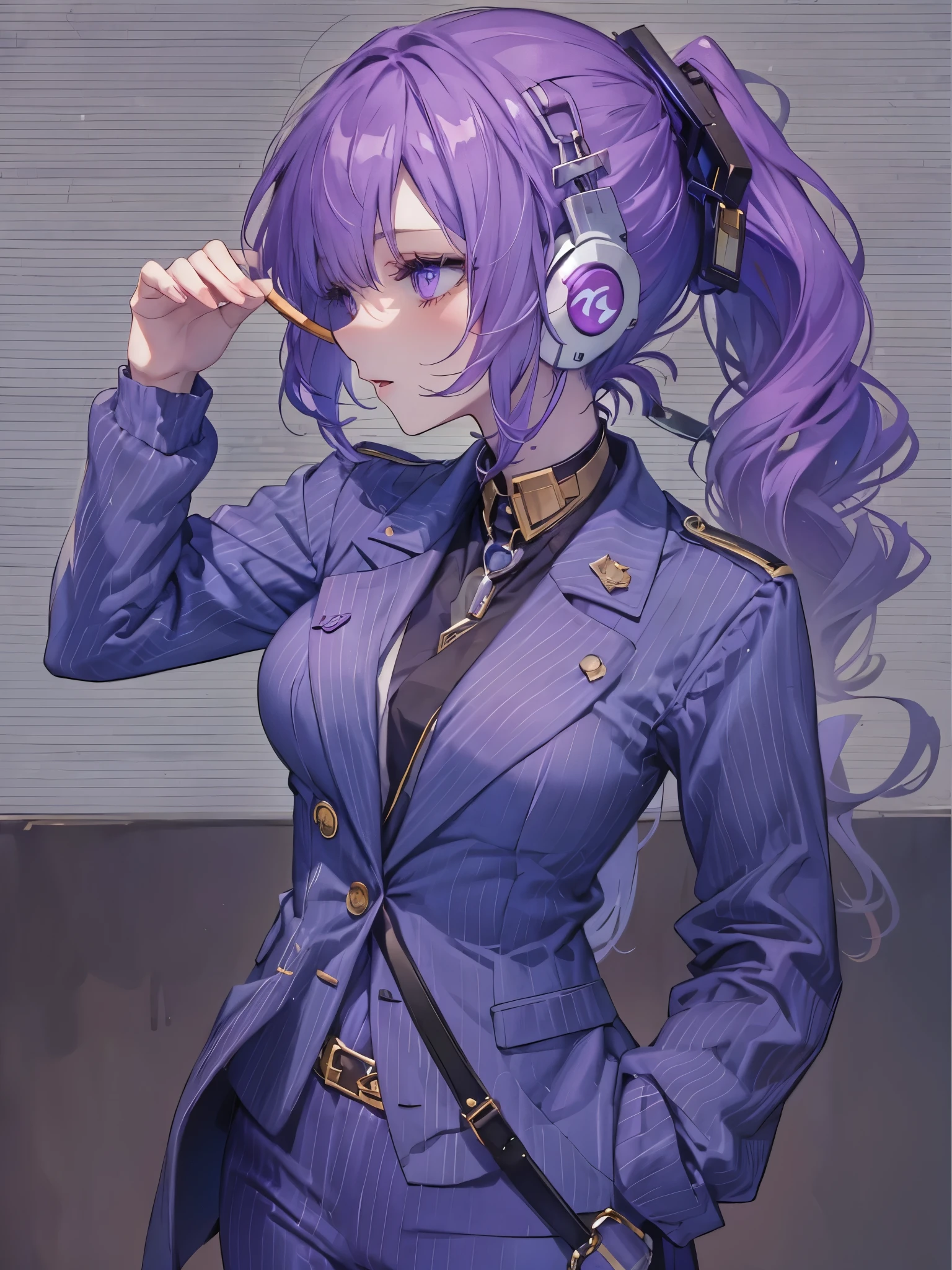 purple hair，profile，Female person，headphoneike stand、Purple suit set、black shirt、cutter shirt、((Blue pubic hair in the eye))