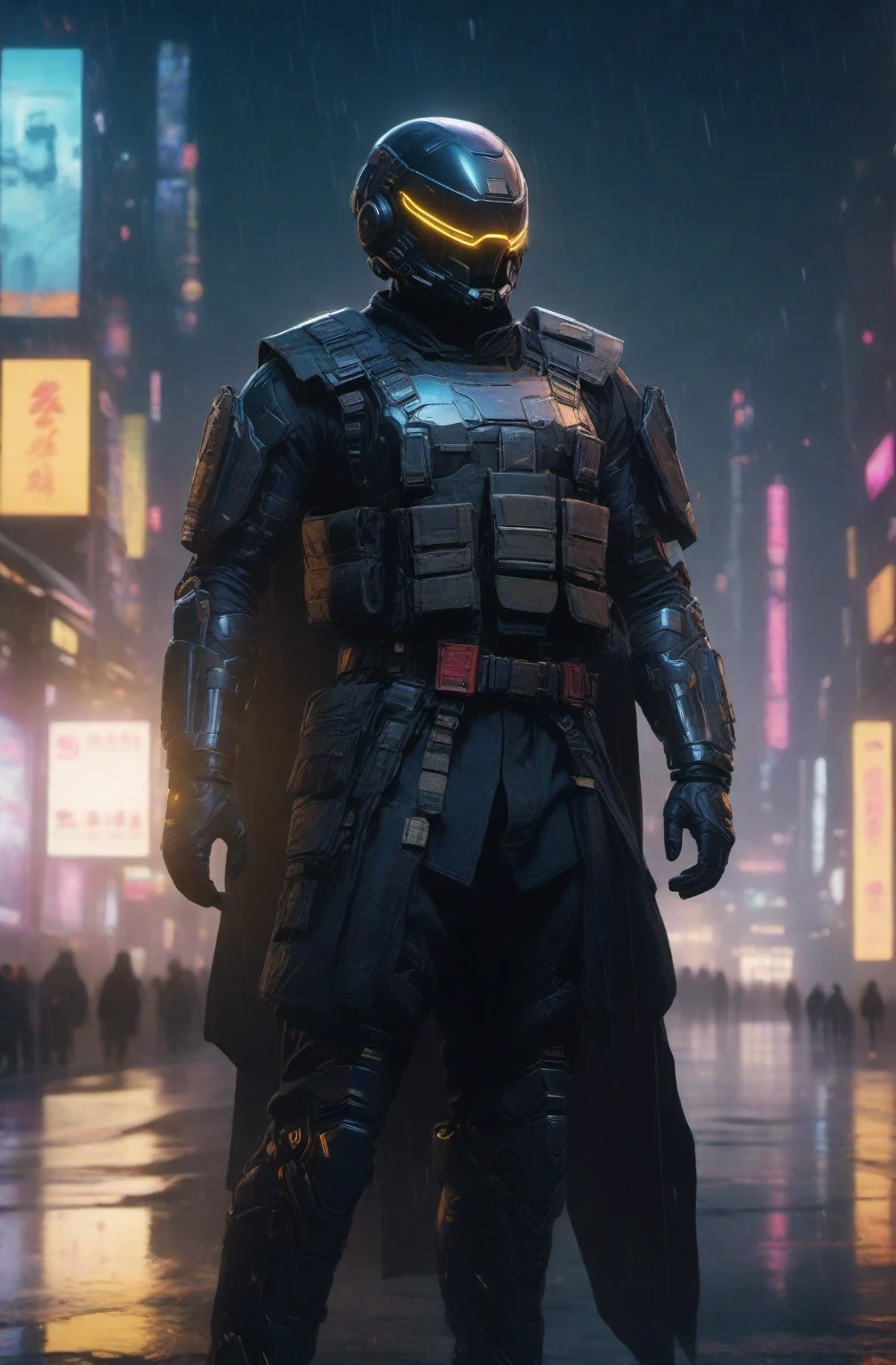 cinematic photo a man with a helmet with a tactical armour, Tactical vest with ammo pouches, A black cape behind him flowing in the wind, Utility belt, full body,cyberpunk background . 35mm photograph, film, bokeh, professional, 4k, highly detailed high-res, masterpiece, best quality,