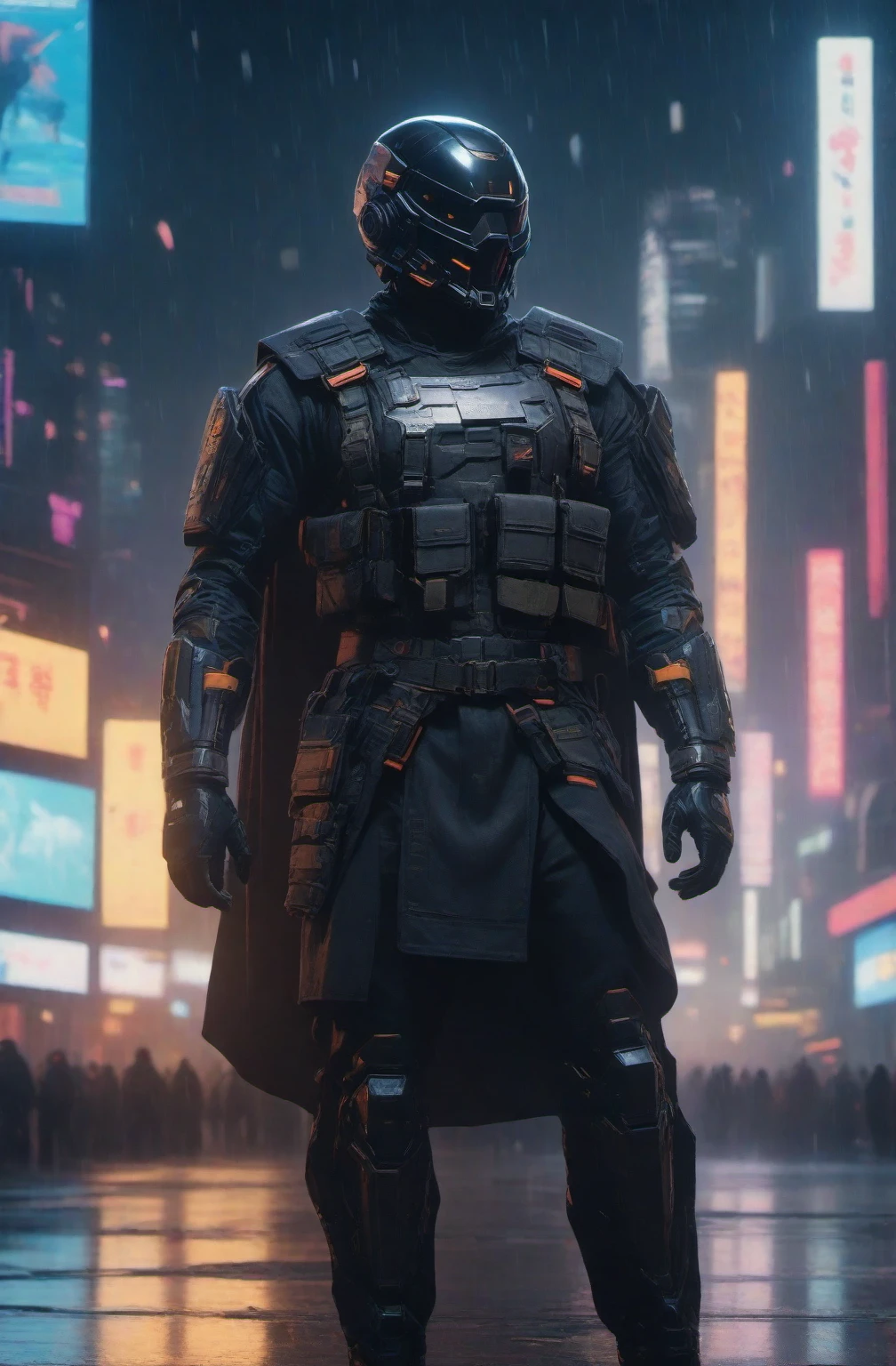 cinematic photo a man with a helmet with a tactical armour, Tactical vest with ammo pouches, A black cape behind him flowing in the wind, Utility belt, full body,cyberpunk background . 35mm photograph, film, bokeh, professional, 4k, highly detailed high-res, masterpiece, best quality, 