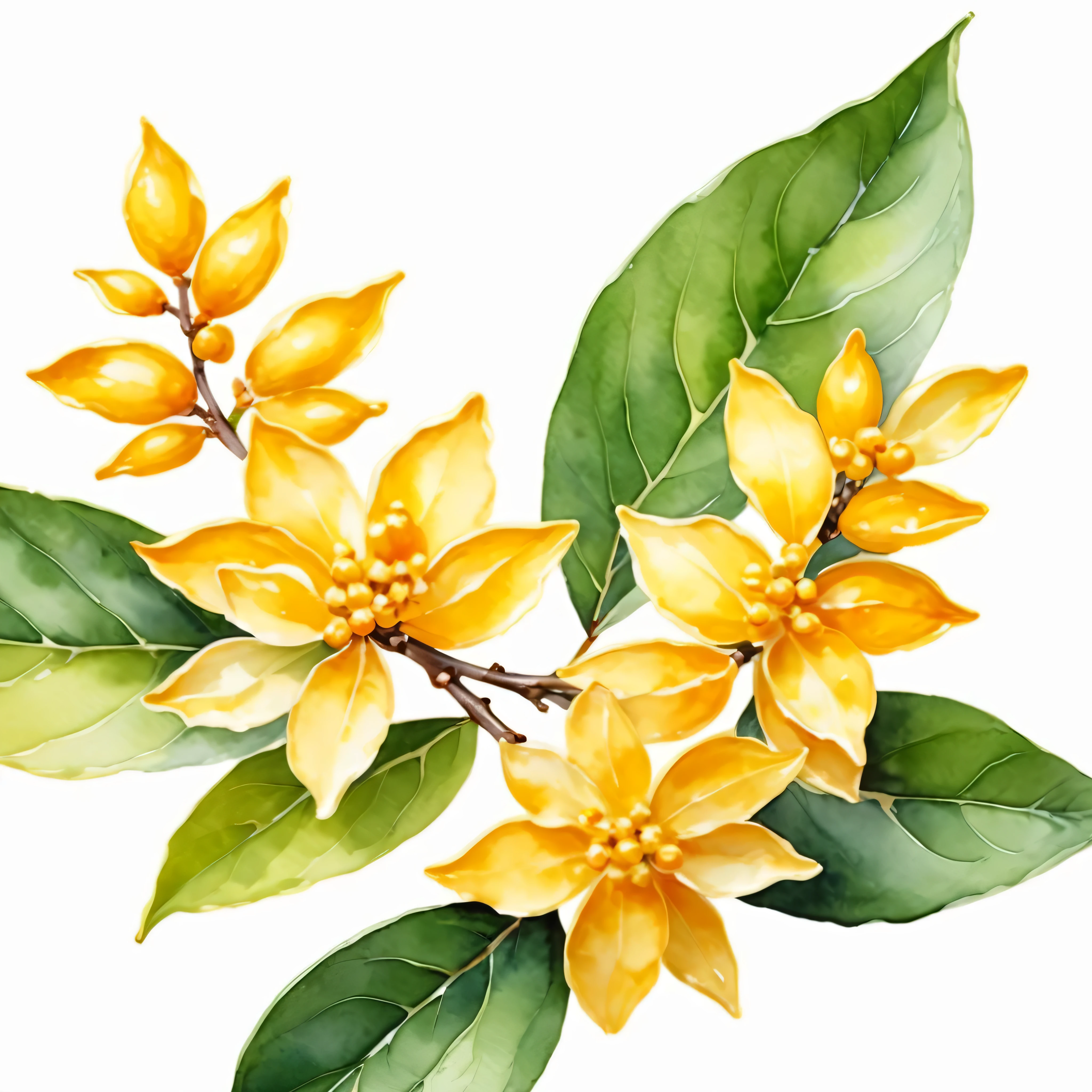 A sweet-scented osmanthus petal,Osmanthus petals close-up,Two leaves,fine,watercolor,Fresh and clean