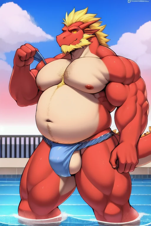Furry, Anthropomorphic Eastern Dragon, Older Male, DILF, Daddy, Musclegut, brawny pecs, broad shoulders, bright red scales, yellow hair, yellow whiskers, yellow beard, thick beard, bushy beard, thickly muscled thighs, big biceps, orange eyes, Red Sky, Black Clouds, Storm Clouds, Wearing Fundoshi, Wet Fundoshi, Cock straining against fabric, cock visible through Fundoshi, At the public pool, Soft Shading, soft colors, vivid colors, pastel colors