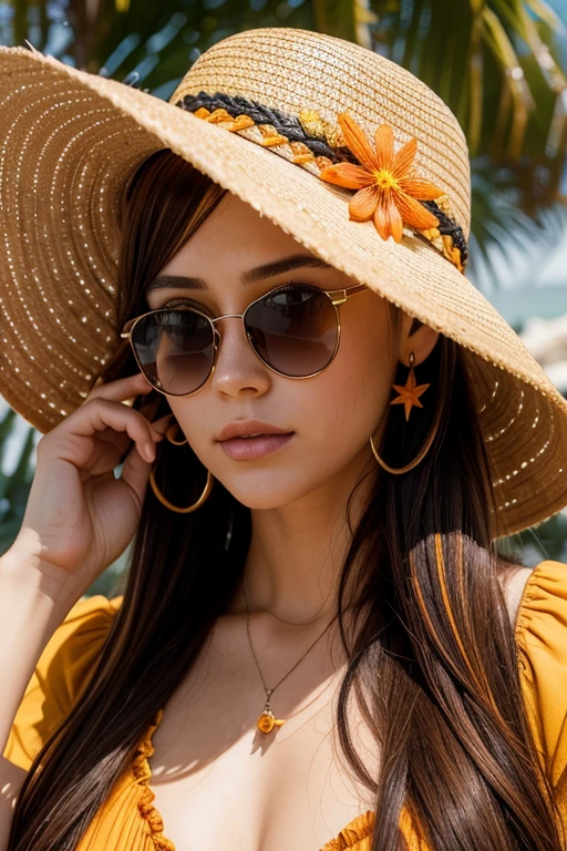 absurdres, highres, ultra detailed, 1girl, solo, extremely detailed eyes, starfish, seashell, shell, flower, hat, hair ornament, jewelry, straw hat, looking at viewer, sunglasses, hat flower, drinking straw, hairclip, earrings, red flower, tinted eyewear, yellow flower, bangs, english text, multicolored hair, orange flower, black hair, ring, cup, long hair, orange-tinted eyewear, food, brown hair, portrait, shell hair ornament