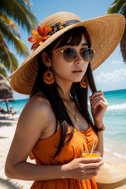 absurdres, highres, ultra detailed, 1girl, solo, extremely detailed eyes, starfish, seashell, shell, flower, hat, hair ornament, jewelry, straw hat, looking at viewer, sunglasses, hat flower, drinking straw, hairclip, earrings, red flower, tinted eyewear, yellow flower, bangs, english text, multicolored hair, orange flower, black hair, ring, cup, long hair, orange-tinted eyewear, food, brown hair, portrait, shell hair ornament