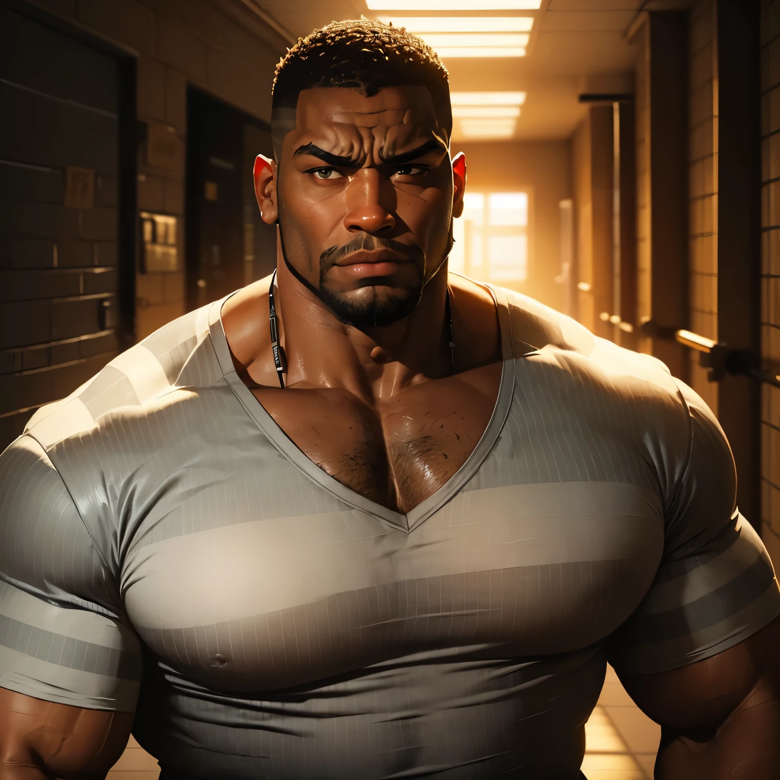 an exaggeratedly muscular and large bodyguard, beefy build, beard, dark-skinned african american male, buzzcut hair with square line, (worried expression: 1.2), (wearing striped prison shirt: 1.2), barely buttoned, school logo on shirt, (bara pecs: 1.3), (arm and chest hair: 1.1), portrait HD, dutch angle, (dirty prison hallway)