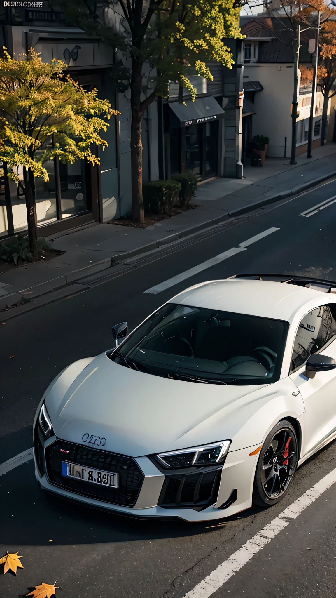 Audi R8 ,sports car parked on a street covered with leaves in autumn in a (city:1.3), fall, global illumination, volumetric lighting, best quality, highly detailed, cgi, illustration, octane render,