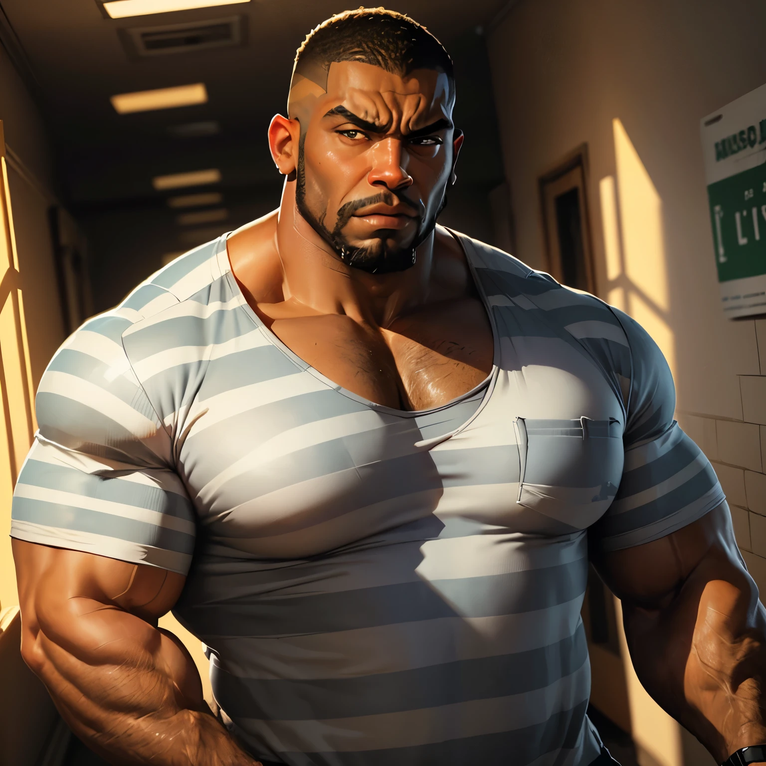 an exaggeratedly muscular and large bodyguard, beefy build, beard, dark-skinned african american male, buzzcut hair with square line, (worried expression: 1.2), (wearing striped prison shirt: 1.2), barely buttoned, school logo on shirt, (bara pecs: 1.3), (arm and chest hair: 1.1), portrait HD, dutch angle, (dirty prison hallway)
