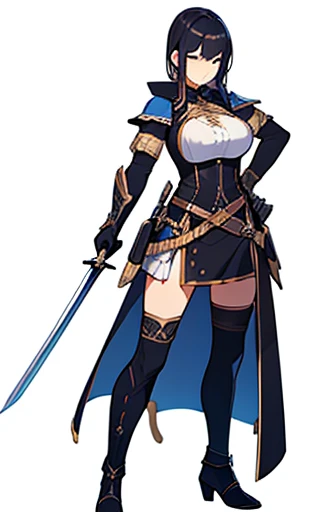 adult female, sword, holding sword, gloves, white background, full body, solo,, fantasy cloth, stand posture, looking at viewer,
