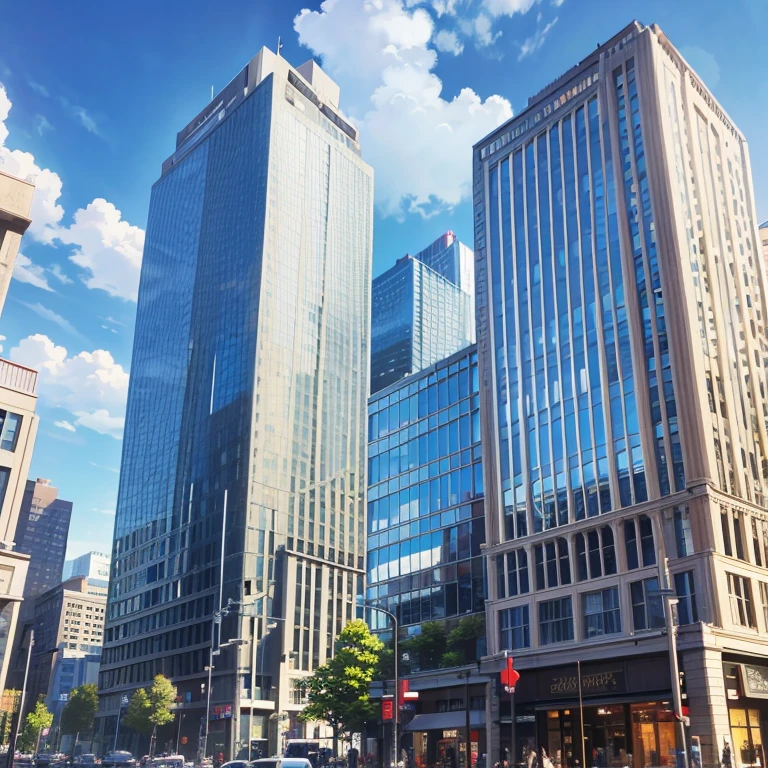 department store,Towering,Exterior of the entire building,wood,skyscraper,Towering,Located in a bustling downtown area,Individual buildings,blue sky and white clouds