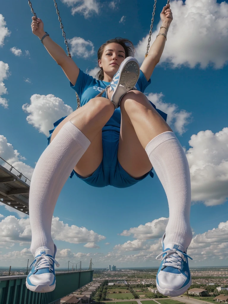 real-photo, POV swinging on a swing in the sky, ass pov, pov hands, Foot in the first person, First-person swivel slings, Clouds in the sky, Very detailed arms and legs, Bright knee socks on your feet, Feet shod in sneakers, ultradetailed, Masterpiece, Hyperrealistic photo