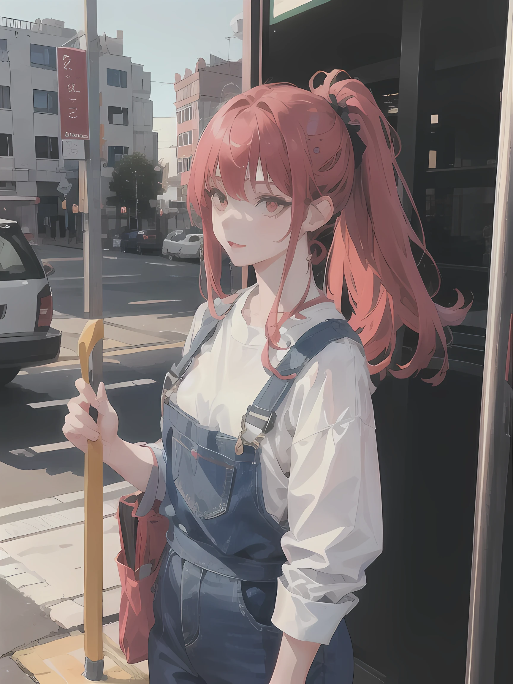 1girl, adult, long Red Ponytail, red eyes, wearing Overall, Bus stop, absurdres, high detailed eyes and face, high res, ultrasharp, 8K, masterpiece, photorealistic, High quality, Sit at the bus stop