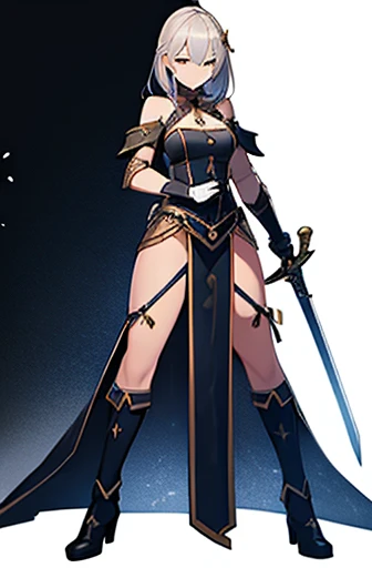 adult female, sword, holding sword, gloves, white background, full body, solo,, fantasy cloth, stand posture, looking at viewer,